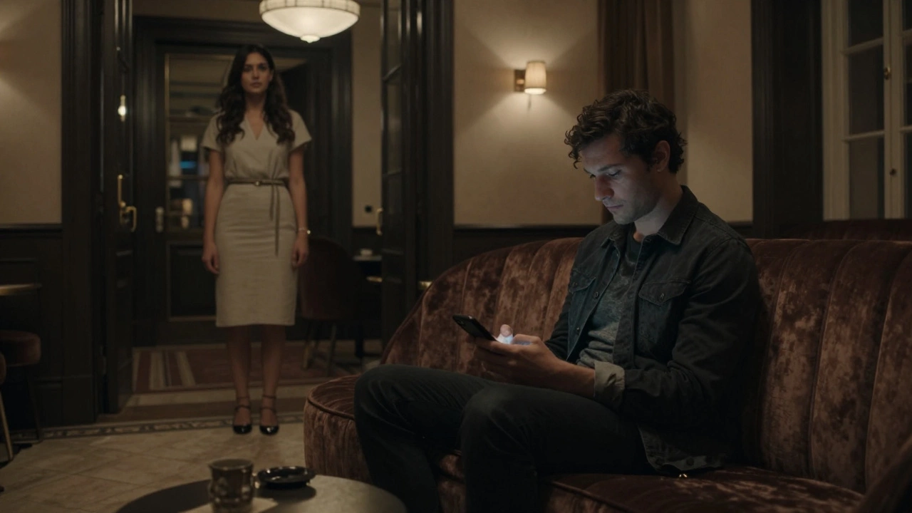A man and woman sit apart in a hotel lobby, exchanging silent glances in low light.