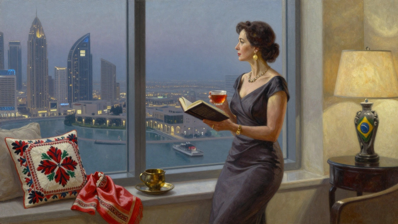 A mature woman in an elegant gown standing by a hotel window in Dubai, holding tea and a book, surrounded by global cultural touches.
