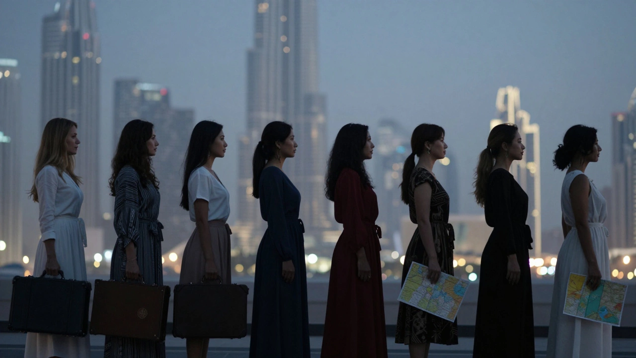 Silhouettes of diverse women against Dubai’s skyline, each representing different backgrounds, exuding independence and dignity.