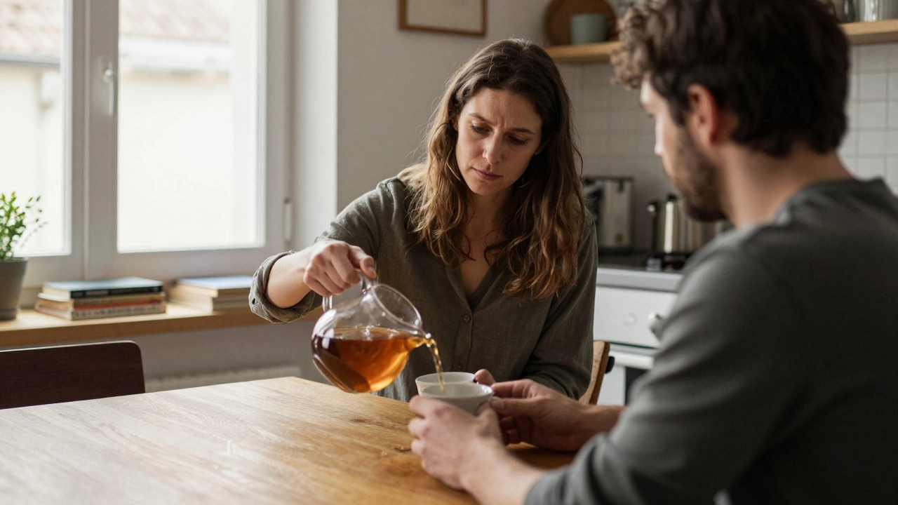 Two people share tea in a quiet kitchen, surrounded by books, no physical intimacy.